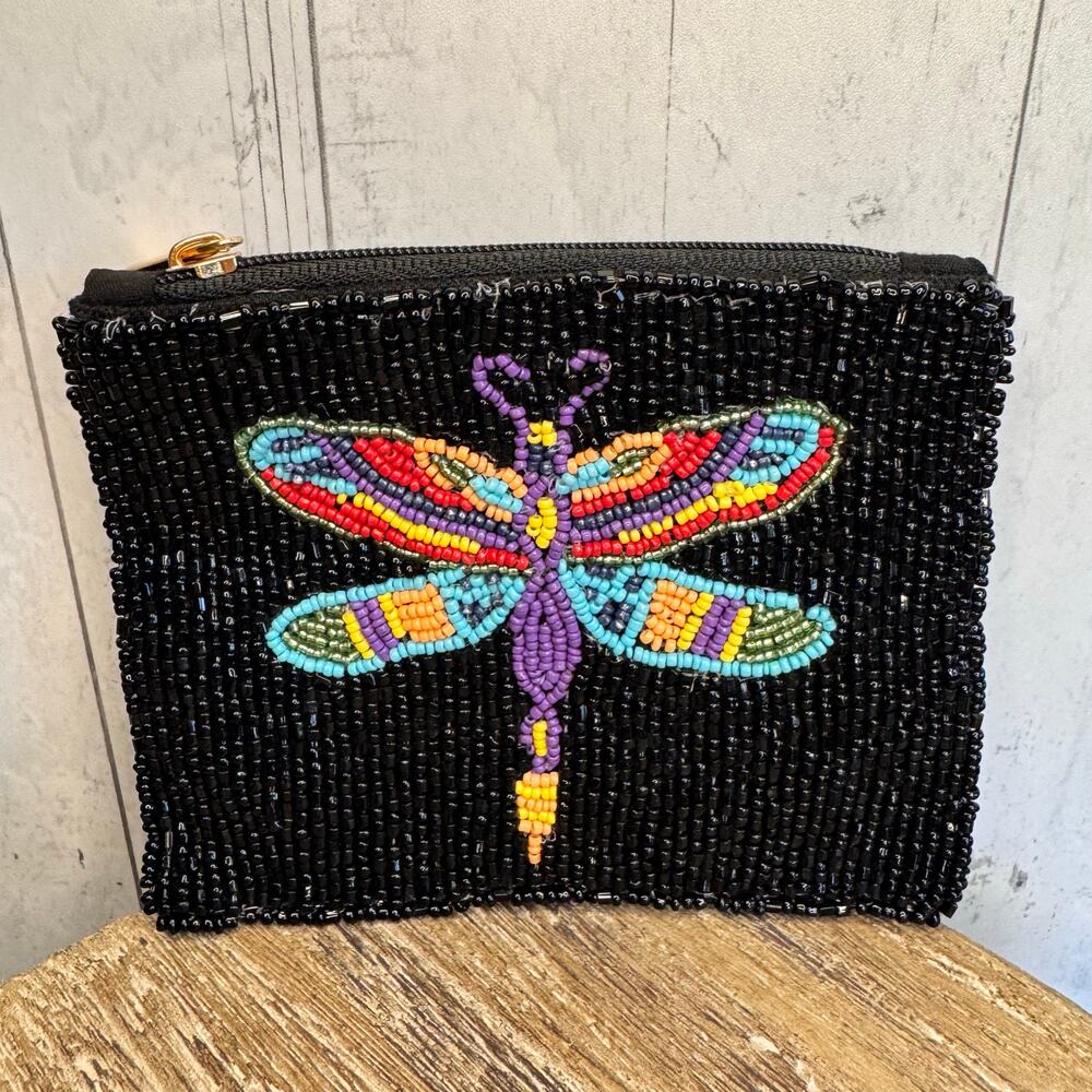 Beaded Coin Purse Wallet Black Dragonfly Dragonflies Travel Pouch New FAST SHIP